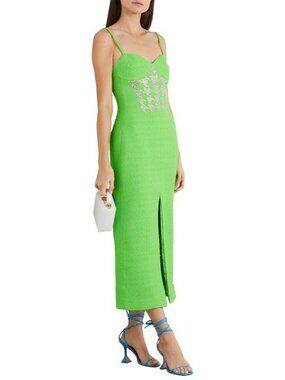 NWT $1890 David Koma Crystal Embellished Bouclé Midi Dress Bright Green Size 14